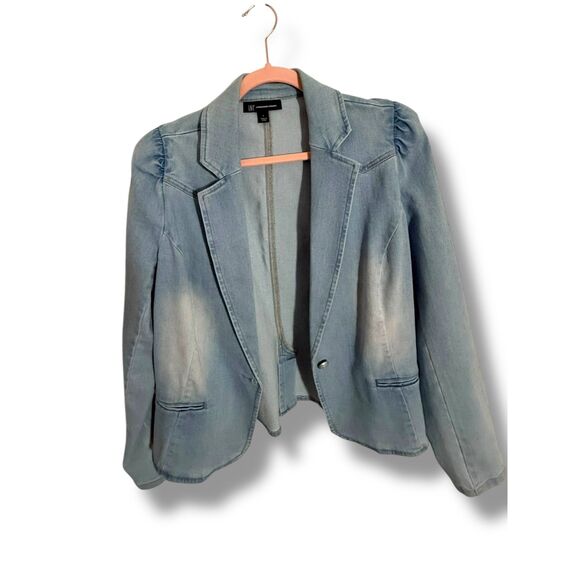 INC International Concepts Size L Denim Blazer | Light Wash Puff Shoulder - Picture 4 of 7